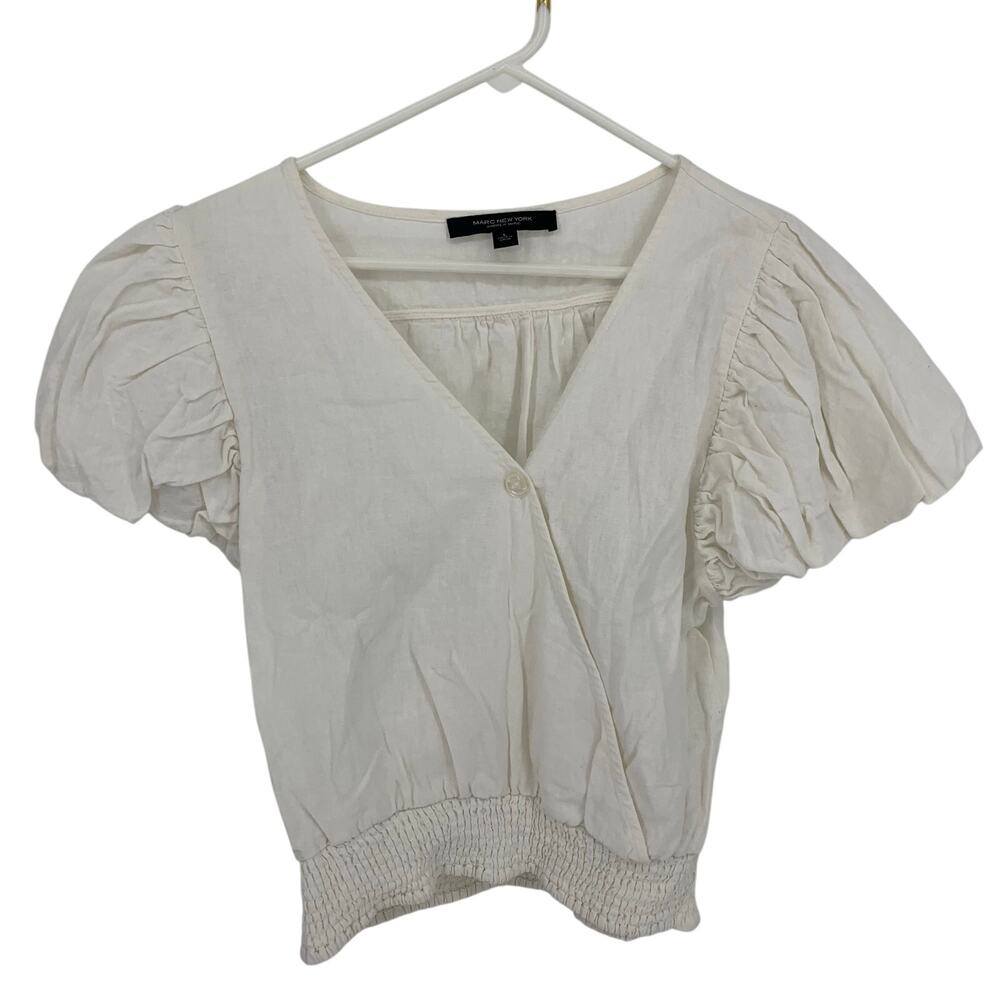 Marc New York Andrew Marc White Linen Blend Puff Sleeve Midi Wrap Top Size L